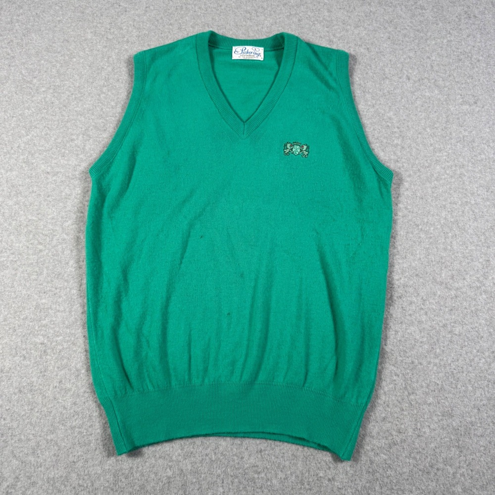 Pickering Vintage Mens Green V-Neck Sweater Vest Embroidered Crest Size L USA